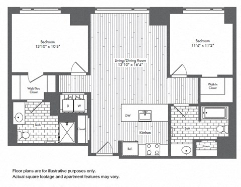 Floor plan for 2 beds, 2 baths, 1058 sqft